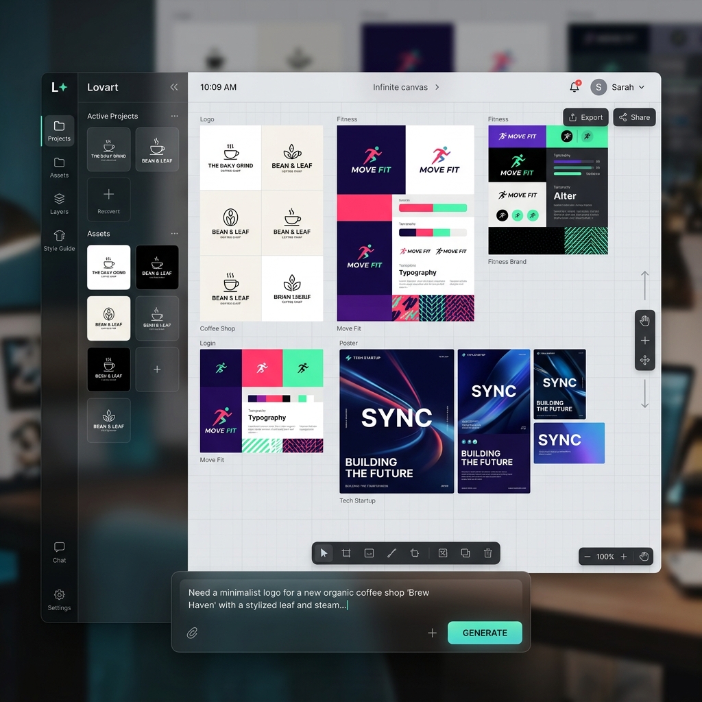 Lovart AI design tool interface showing an infinite canvas with logos and brand assets